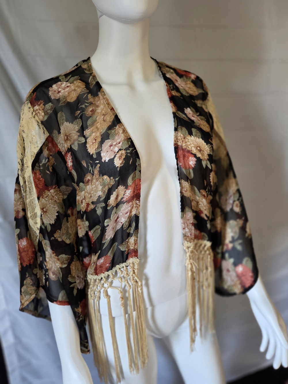 Floral Sheer Kimono Cardigan with Fringe - Black/Cream